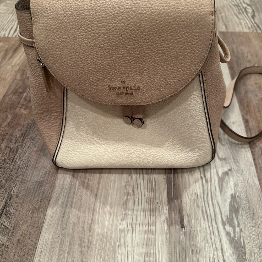Kate Spade Leila Drawstring Medium Flap Leather Backpack Warm Beige - Picture 2 of 16